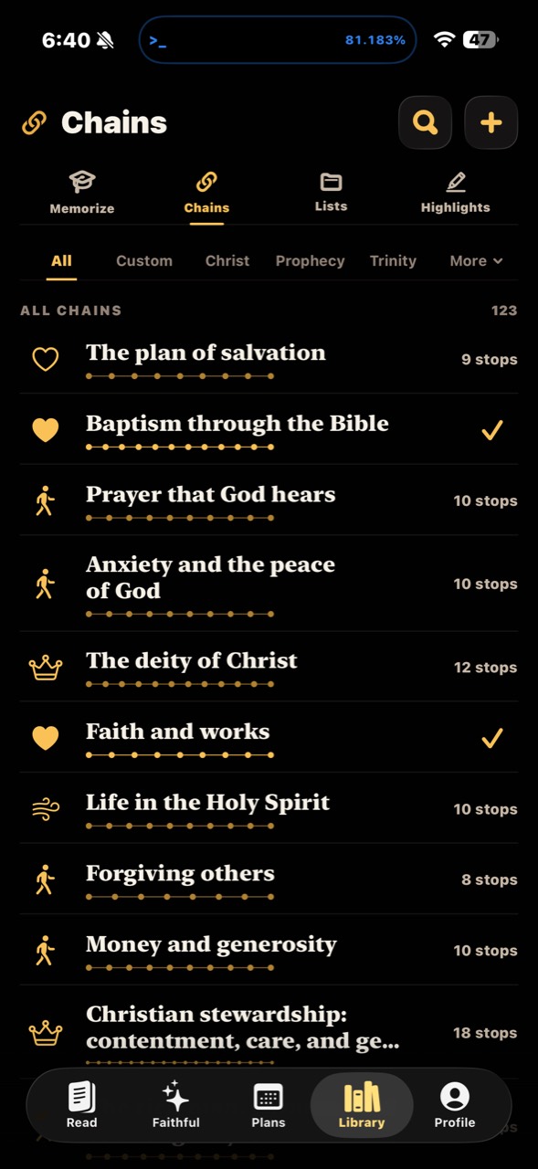 Connected Bible passages in Written study chains