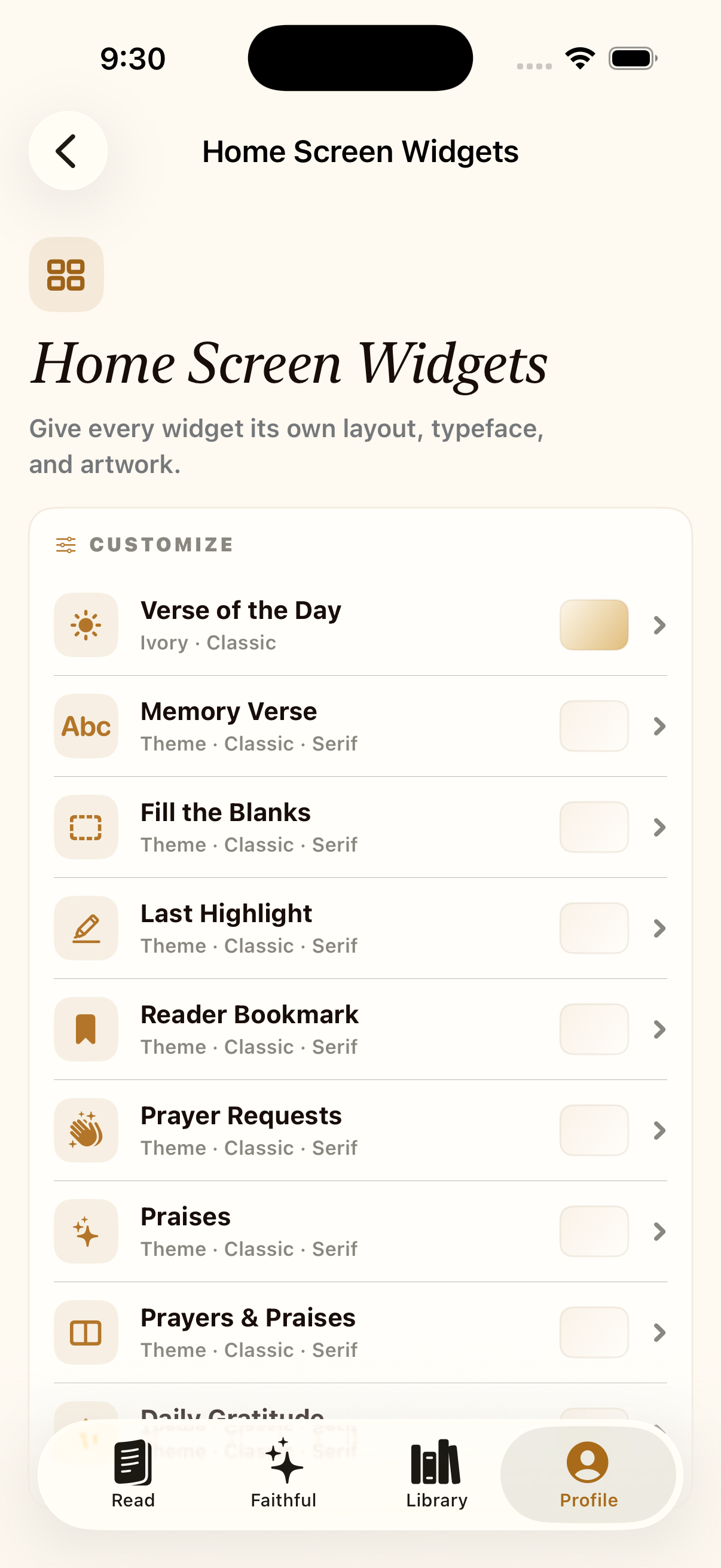 Widget customization screen